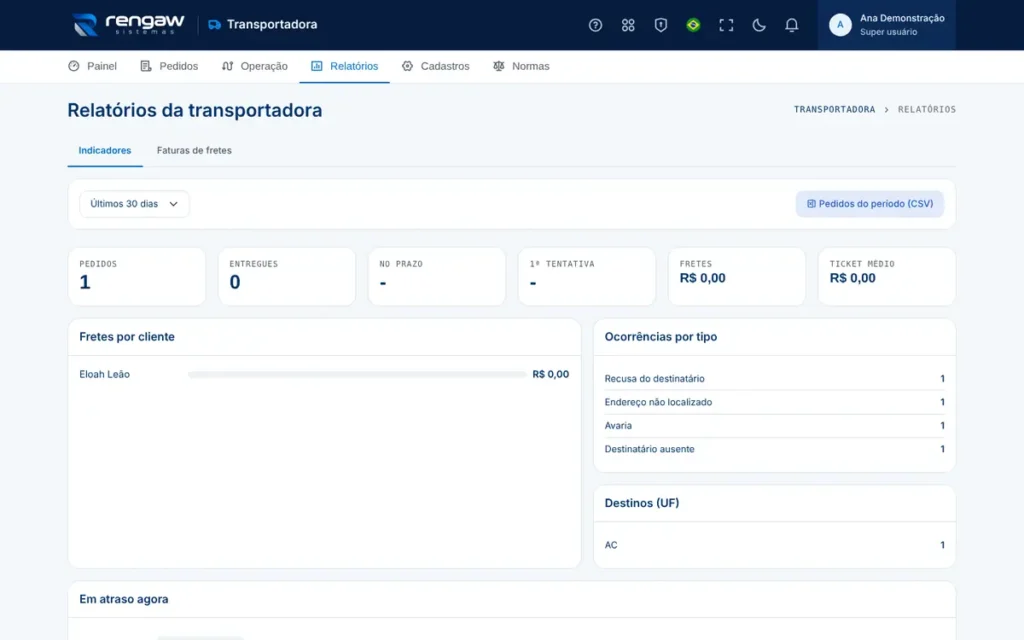 App Transportadora, tela Relatórios
