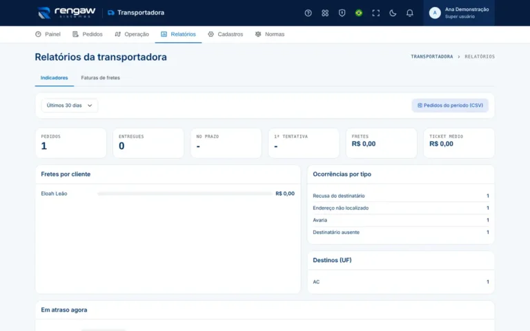 App Transportadora, tela Relatórios