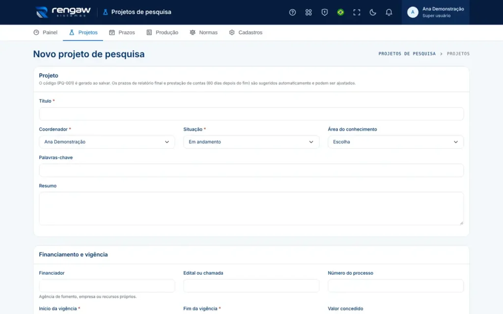 App Projetos de pesquisa, tela Novo projeto