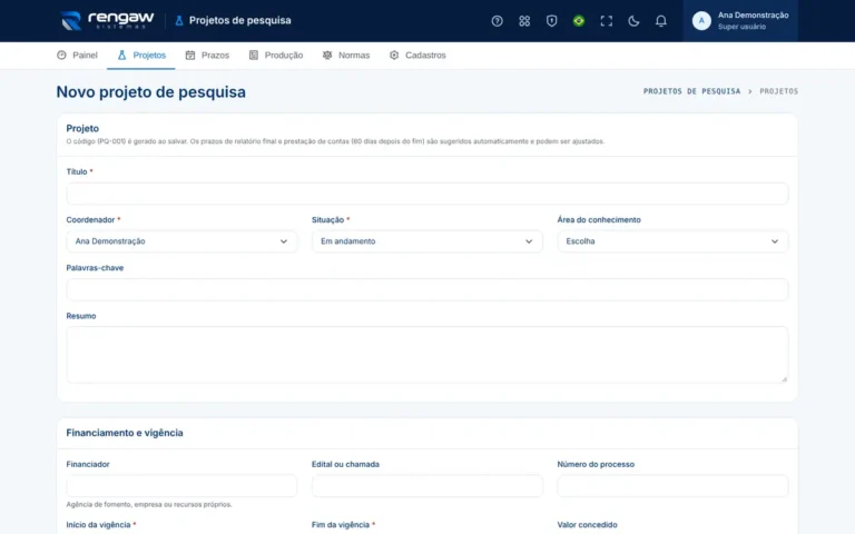 App Projetos de pesquisa, tela Novo projeto