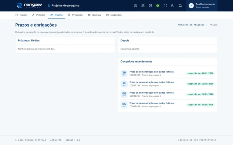 App Projetos de pesquisa, tela Prazos