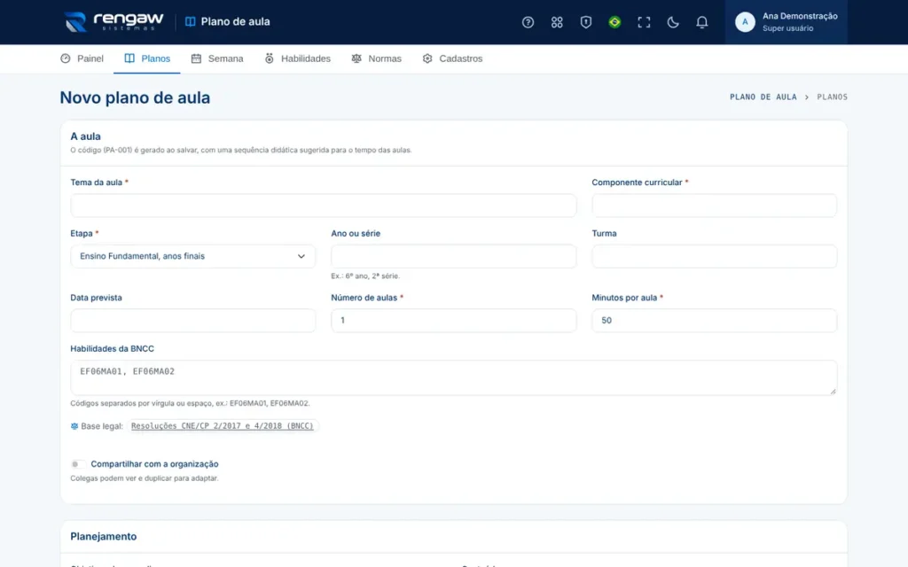App Plano de aula, tela Novo plano