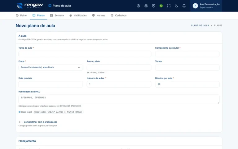 App Plano de aula, tela Novo plano