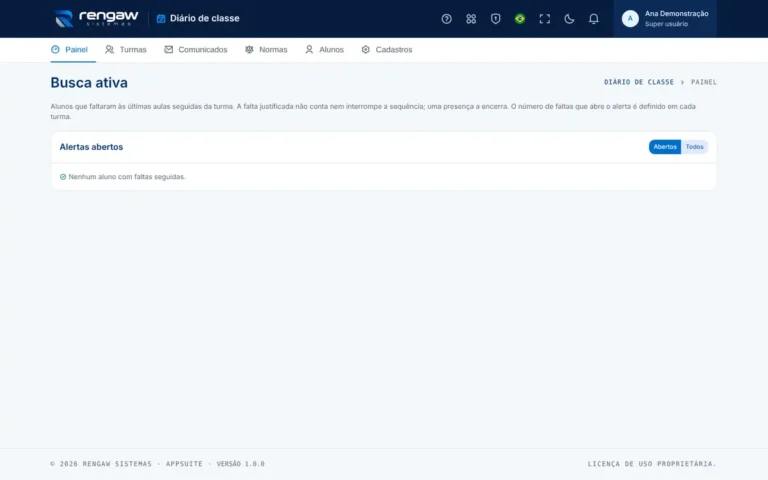 App Diário de classe, tela Busca ativa