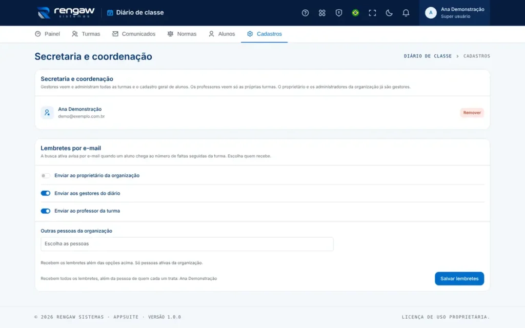 App Diário de classe, tela Cadastros