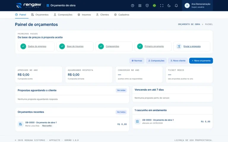 App Orçamento de obra, tela Painel de orçamentos