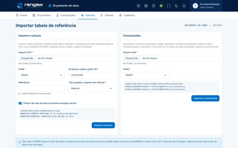 App Orçamento de obra, tela Importar CSV