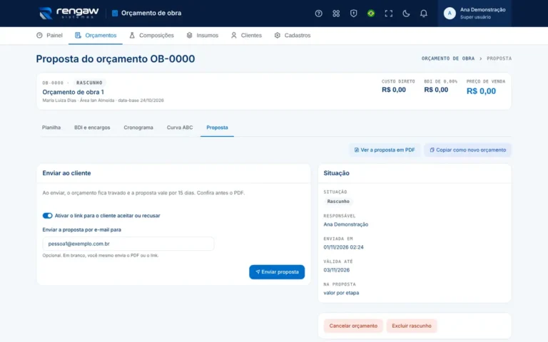 App Orçamento de obra, tela Proposta · OB-0000