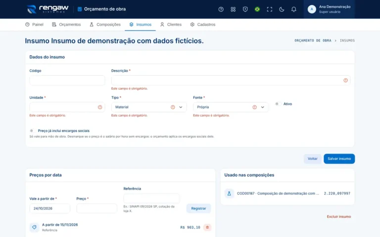 App Orçamento de obra, tela Insumo de demonstração com dados fictícios.