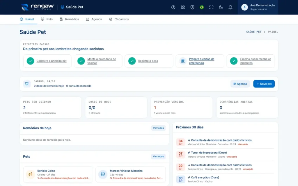 App Saúde Pet, tela inicial