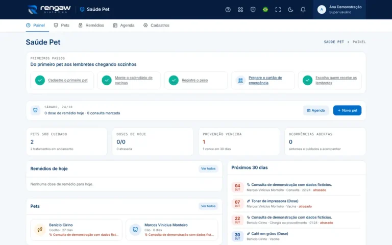 App Saúde Pet, tela inicial