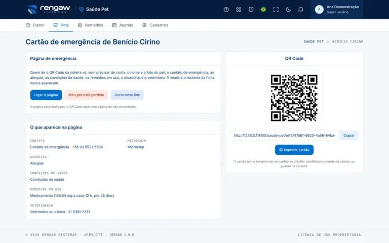 App Saúde Pet, tela Cartão de emergência