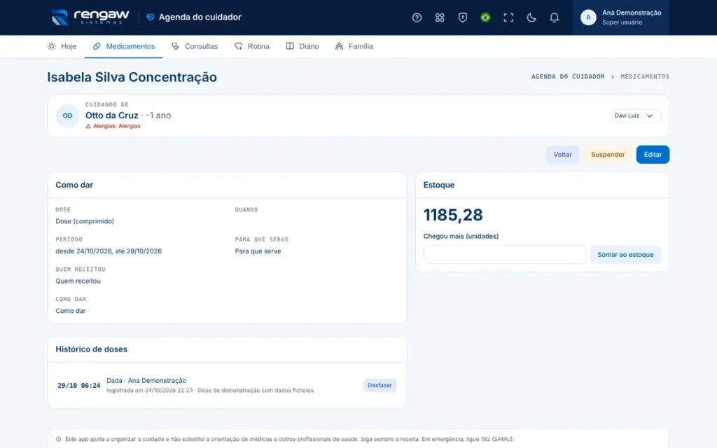 App Agenda do cuidador, tela Isabela Silva Concentração · AppSuite