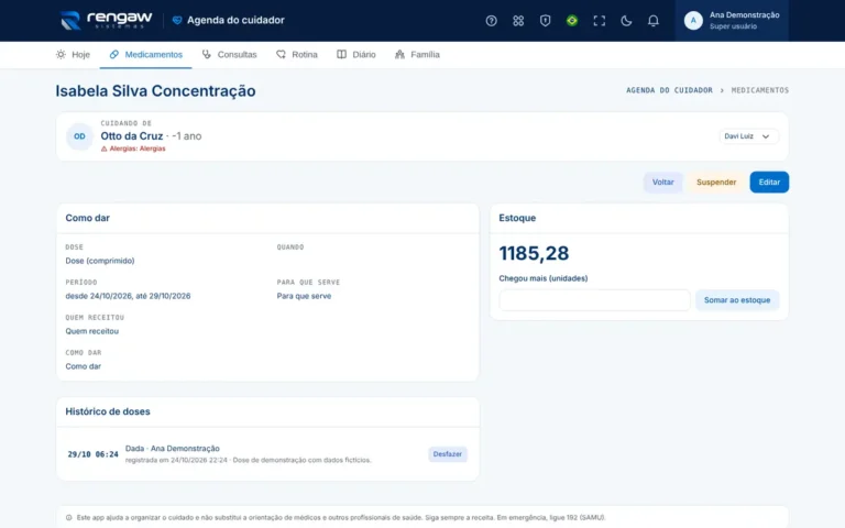 App Agenda do cuidador, tela Isabela Silva Concentração · AppSuite