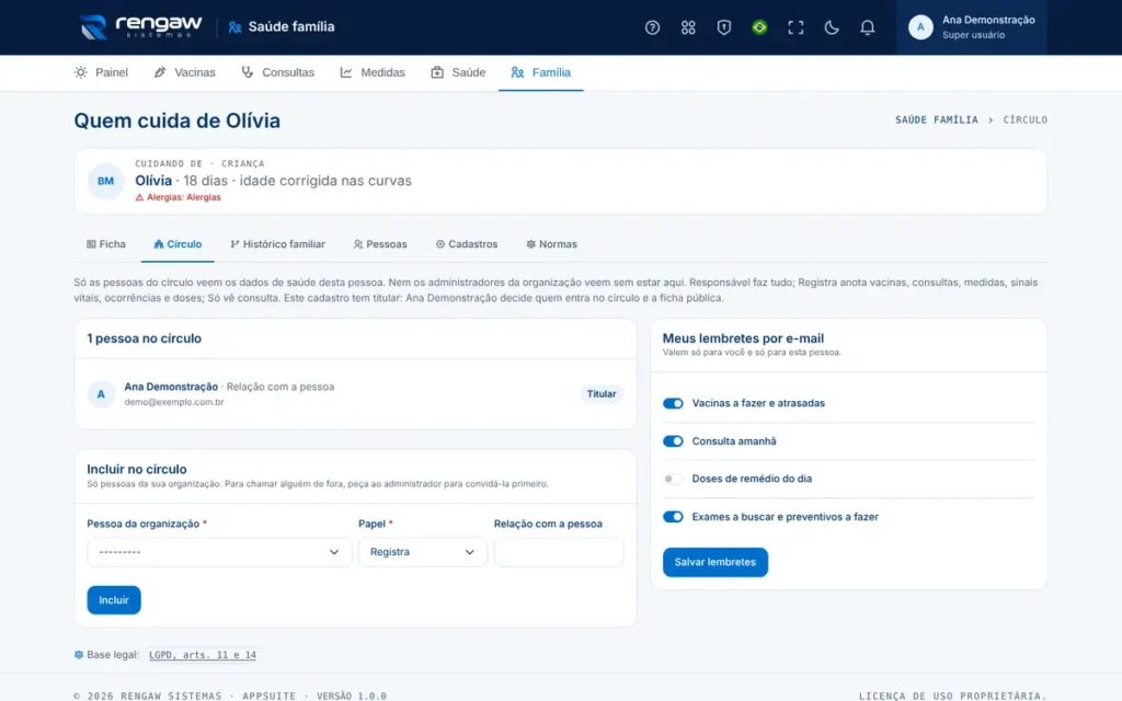 App Saúde família, tela Círculo · Saúde família · AppSuite