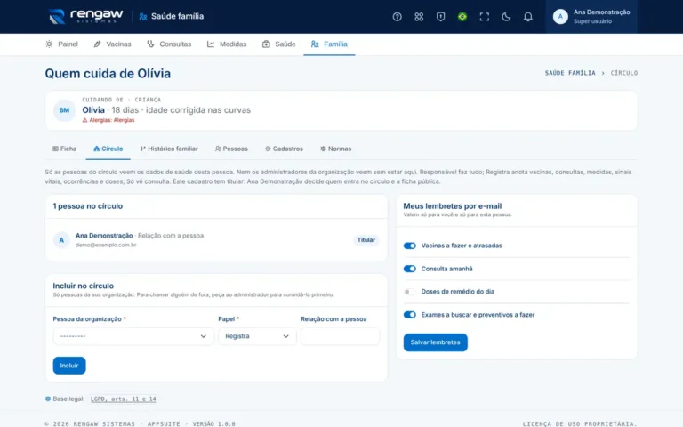 App Saúde família, tela Círculo · Saúde família · AppSuite