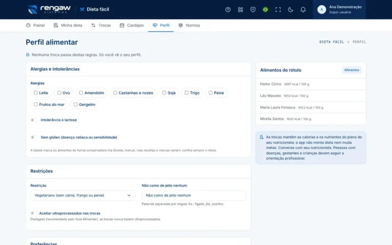 App Dieta fácil, tela Perfil alimentar