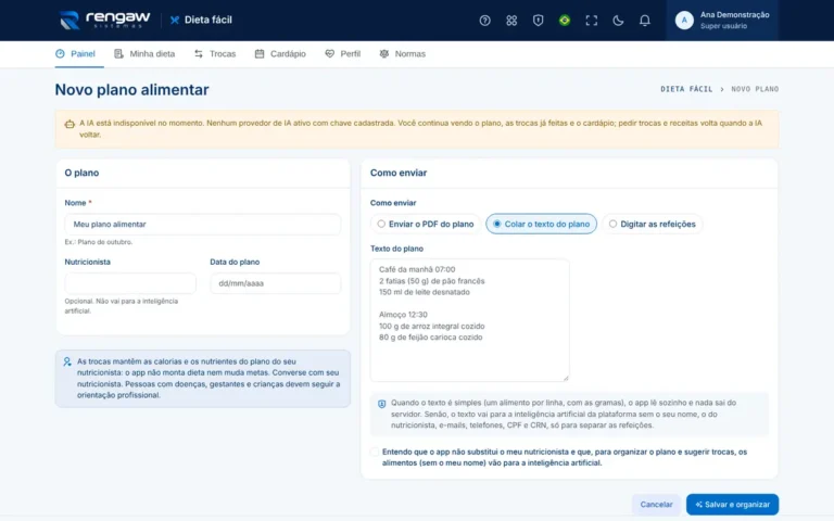 App Dieta fácil, tela Novo plano