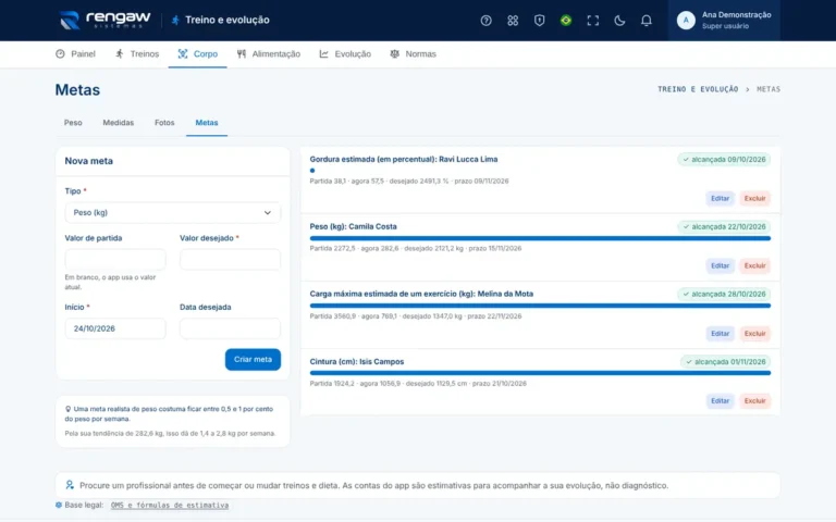 App Treino e evolução, tela Metas
