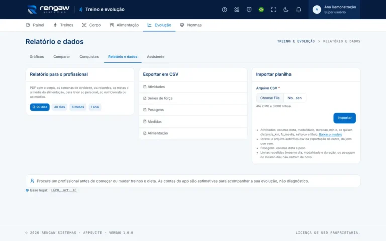 App Treino e evolução, tela Relatório e dados