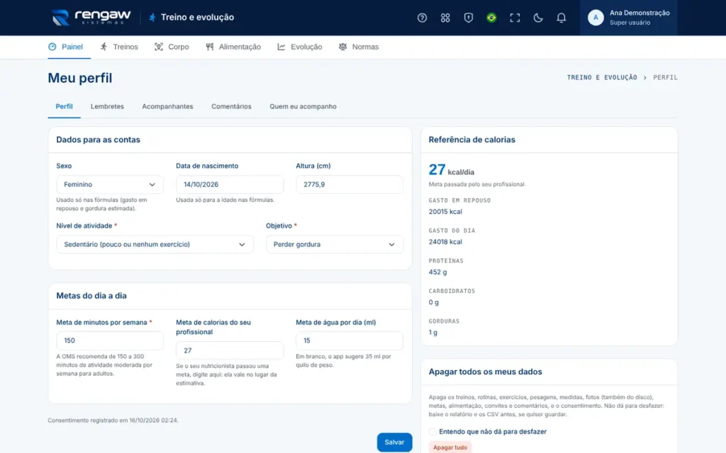 App Treino e evolução, tela Perfil