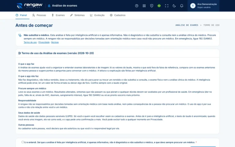 App Análise de exames, tela Termo de uso