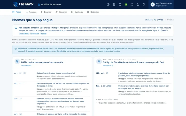 App Análise de exames, tela Normas