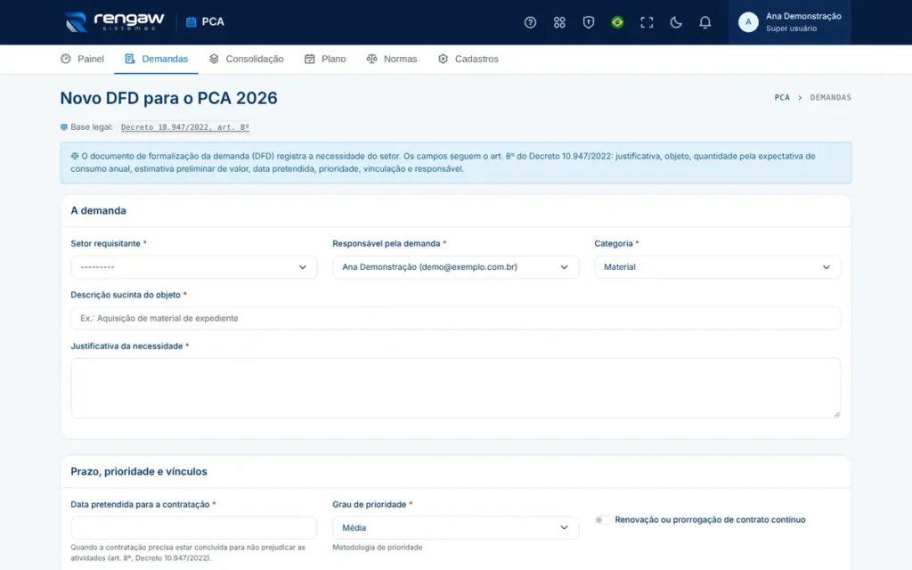 App PCA, tela Novo DFD