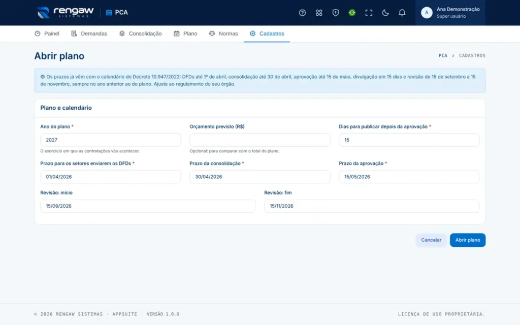 App PCA, tela Abrir plano