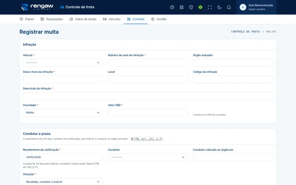 App Controle de frota, tela Multa