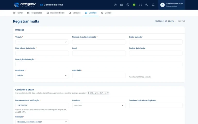 App Controle de frota, tela Multa