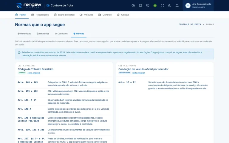 App Controle de frota, tela Normas