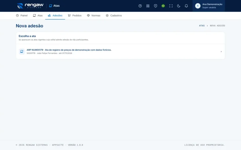 App Atas, tela Nova adesão