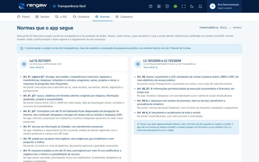 App Transparência fácil, tela Normas