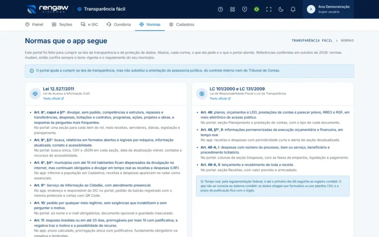 App Transparência fácil, tela Normas