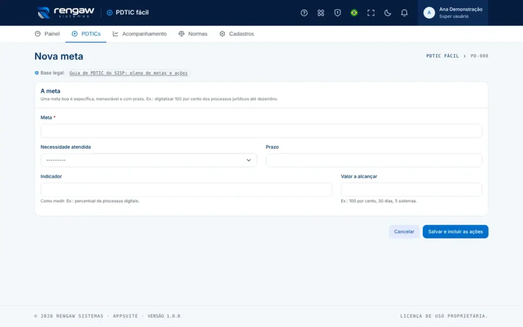 App PDTIC fácil, tela Meta