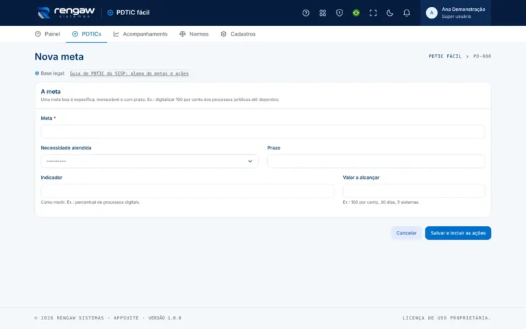 App PDTIC fácil, tela Meta