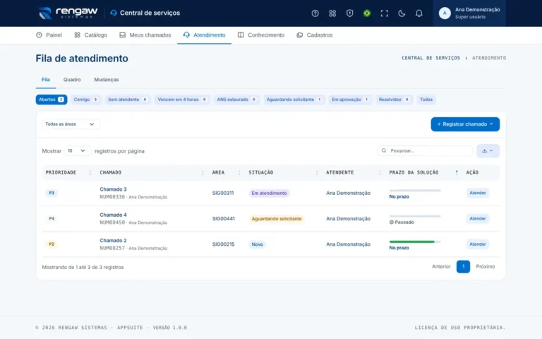 App Central de serviços, tela Fila de atendimento