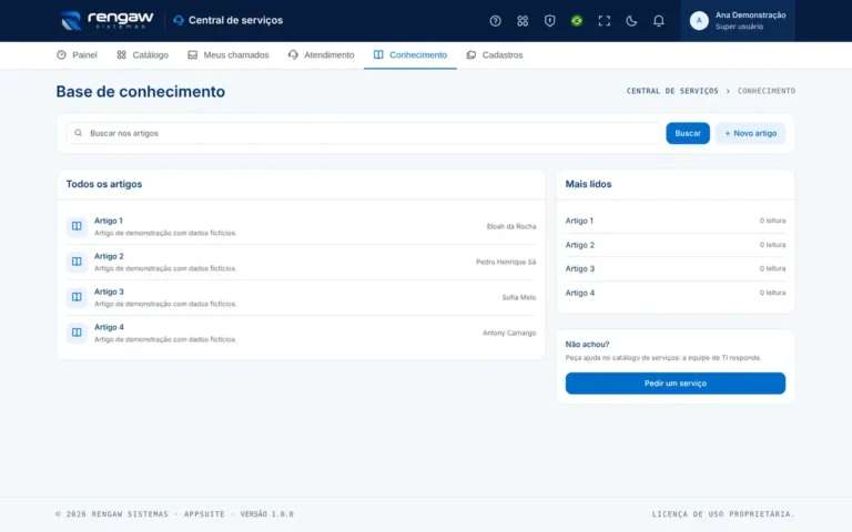 App Central de serviços, tela Base de conhecimento