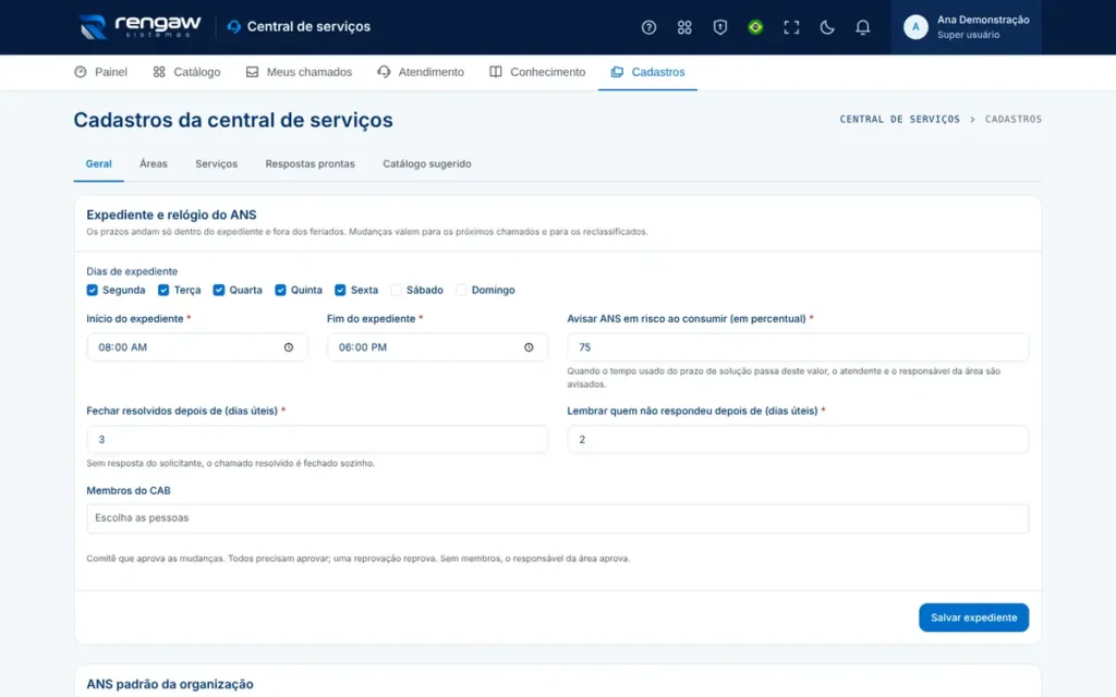 App Central de serviços, tela Cadastros