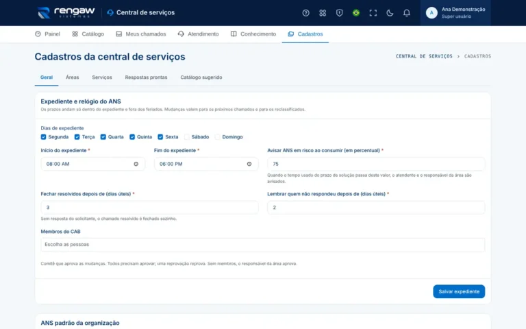 App Central de serviços, tela Cadastros