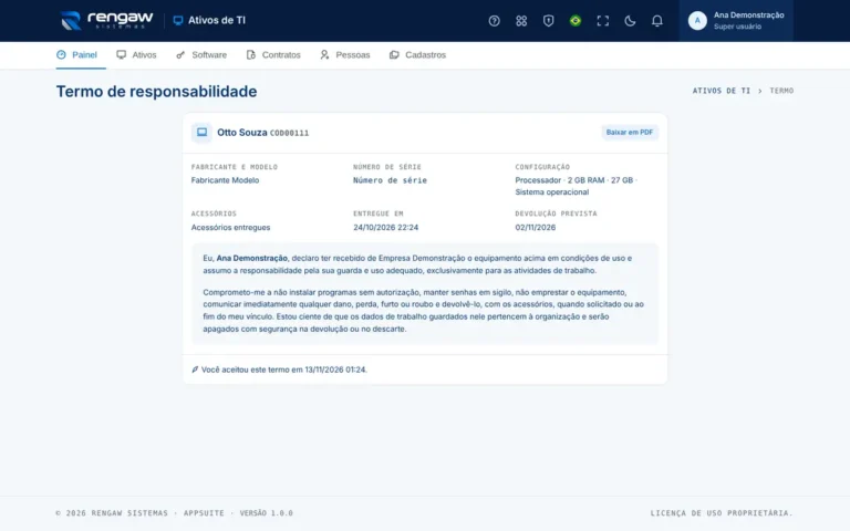 App Ativos de TI, tela Termo de responsabilidade