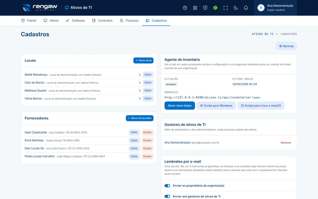 App Ativos de TI, tela Cadastros