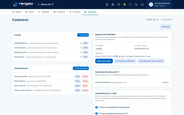 App Ativos de TI, tela Cadastros