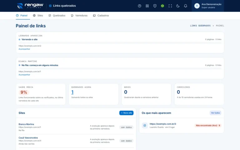 App Links quebrados, tela Painel de links