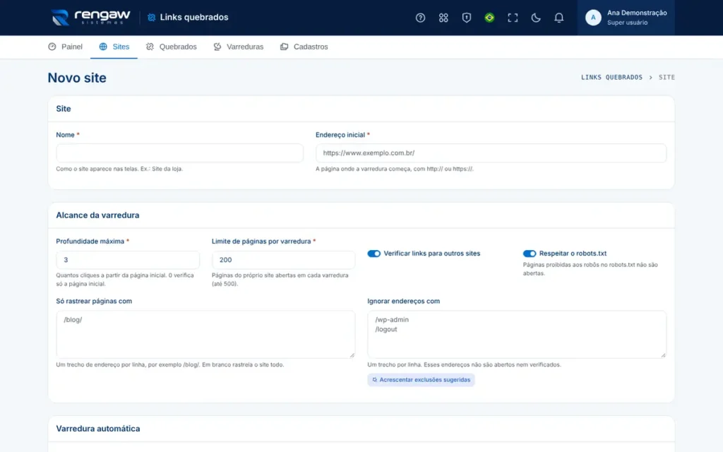 App Links quebrados, tela Novo site