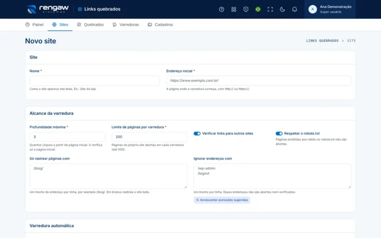 App Links quebrados, tela Novo site