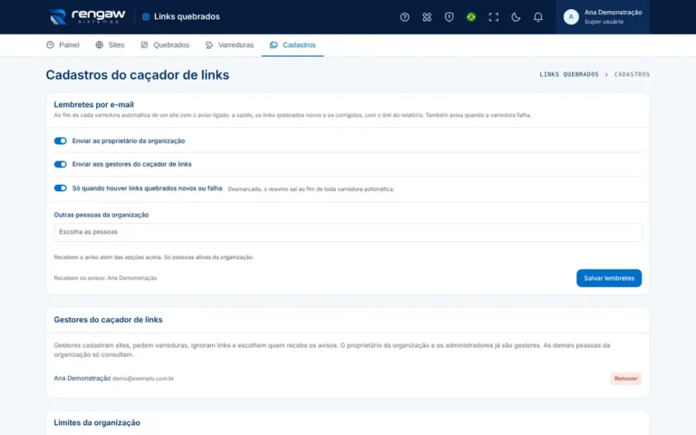 App Links quebrados, tela Cadastros