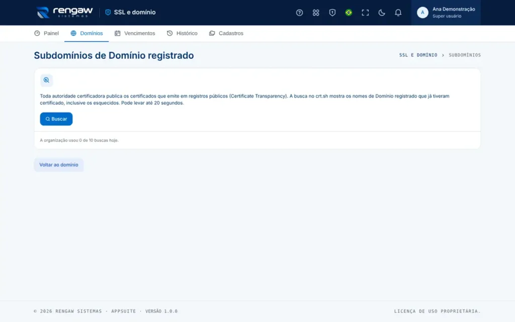 App SSL e domínio, tela Descobrir subdomínios