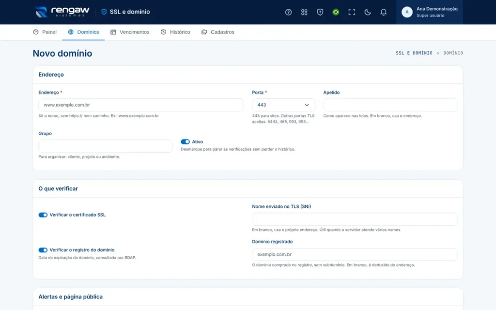 App SSL e domínio, tela Novo domínio